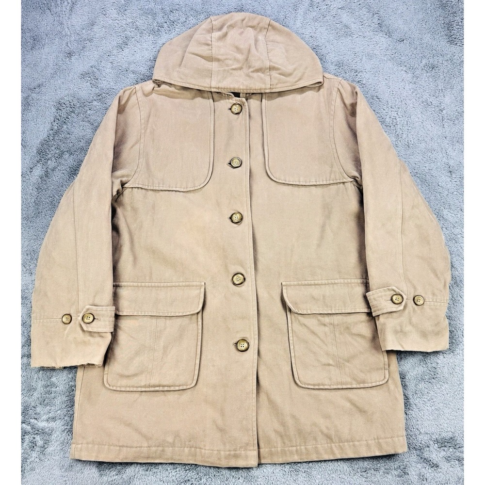 London Fog Pea Coat Women Large Tan Hooded Flannel Lined Button up Pockets